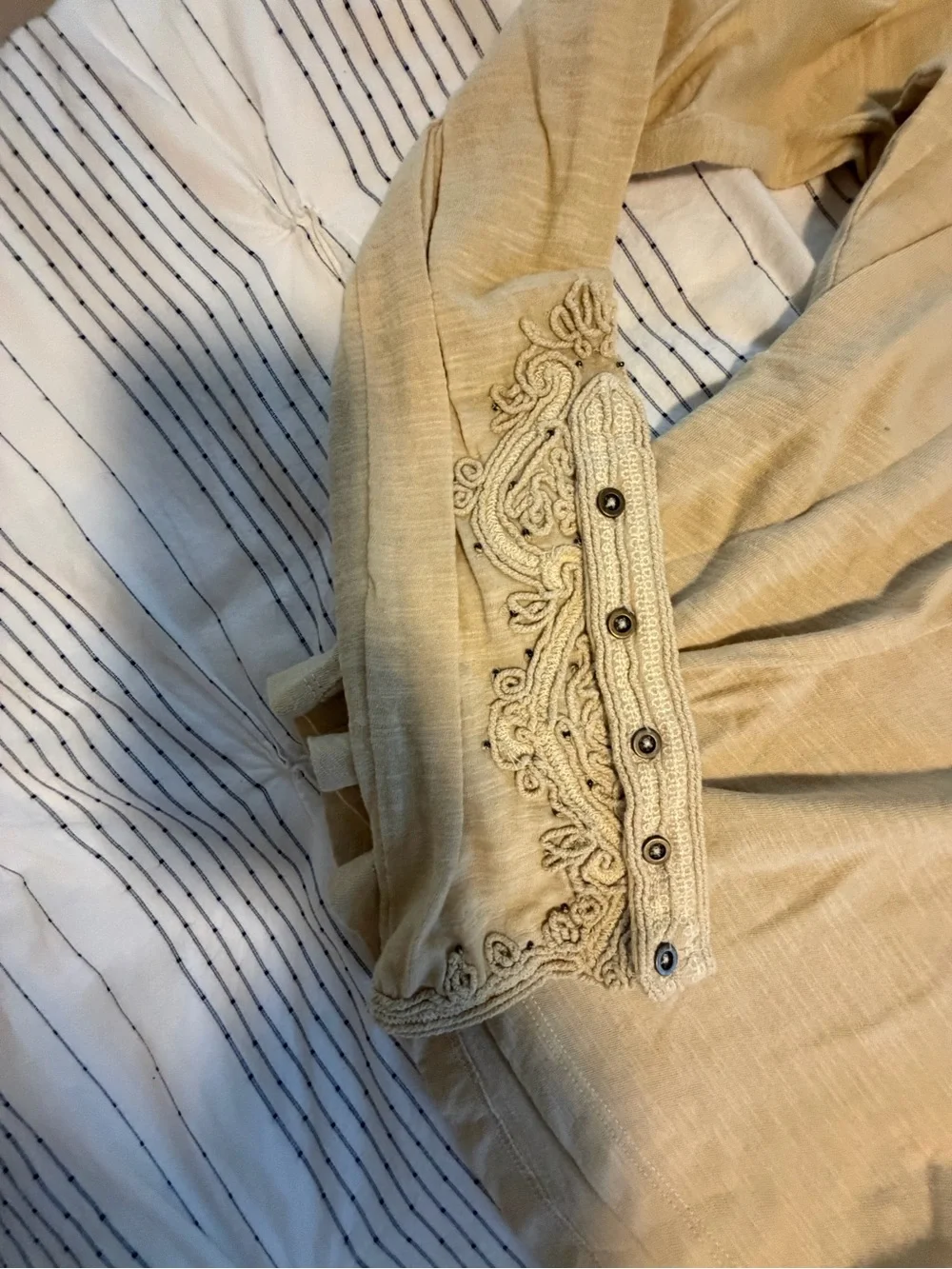 Free People Cream Embroidered Long Sleeve Top